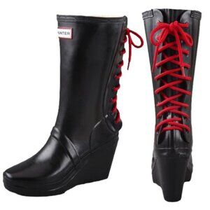 Hunter Wedge Rubber Boot Back Lace-up Closure Red Laces Size 8/ 39